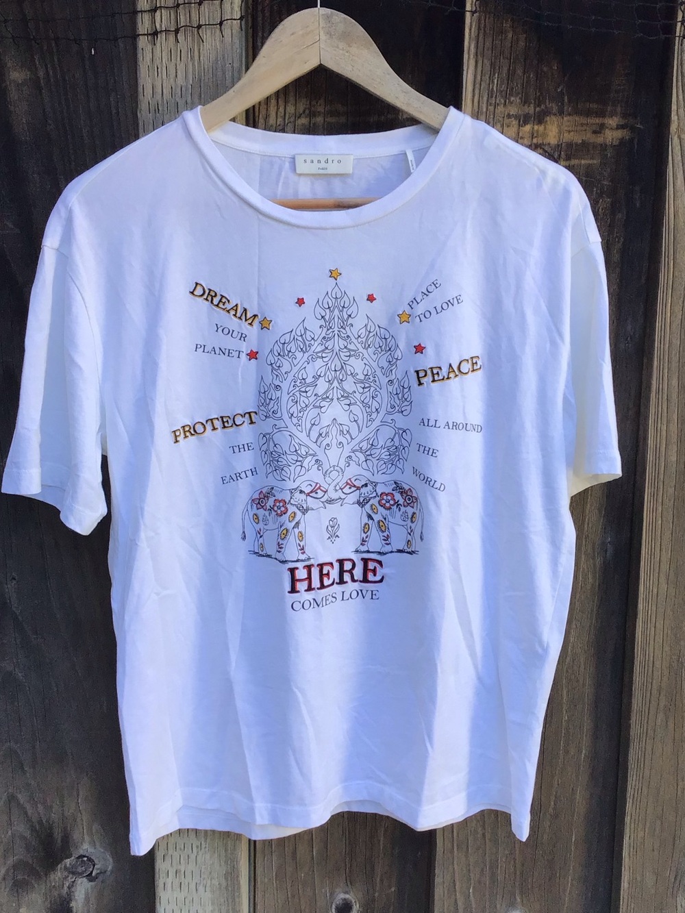 Sandro Paris Graphic Embroidered White T Shirt Womens Size 2 Elephant Tee Top